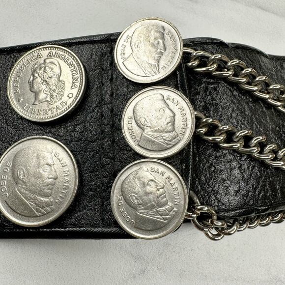 Vintage Argentina Coin Studded Leather Chain Belt Gaucho Western Small (S) ✨ - Picture 4 of 15